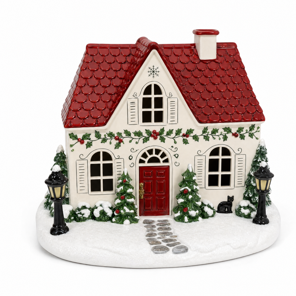 Christmas cottage diffuser with red roof and snow-covered details