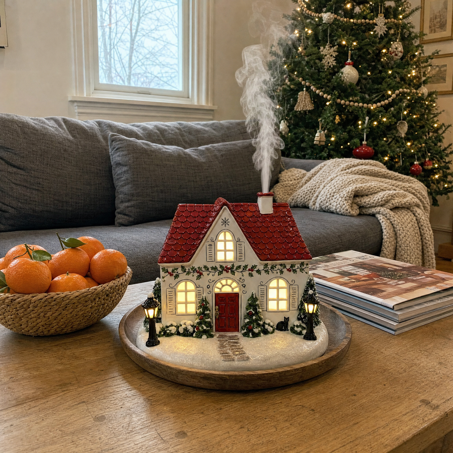 Christmas house diffuser on a coffee table beside a Christmas tree